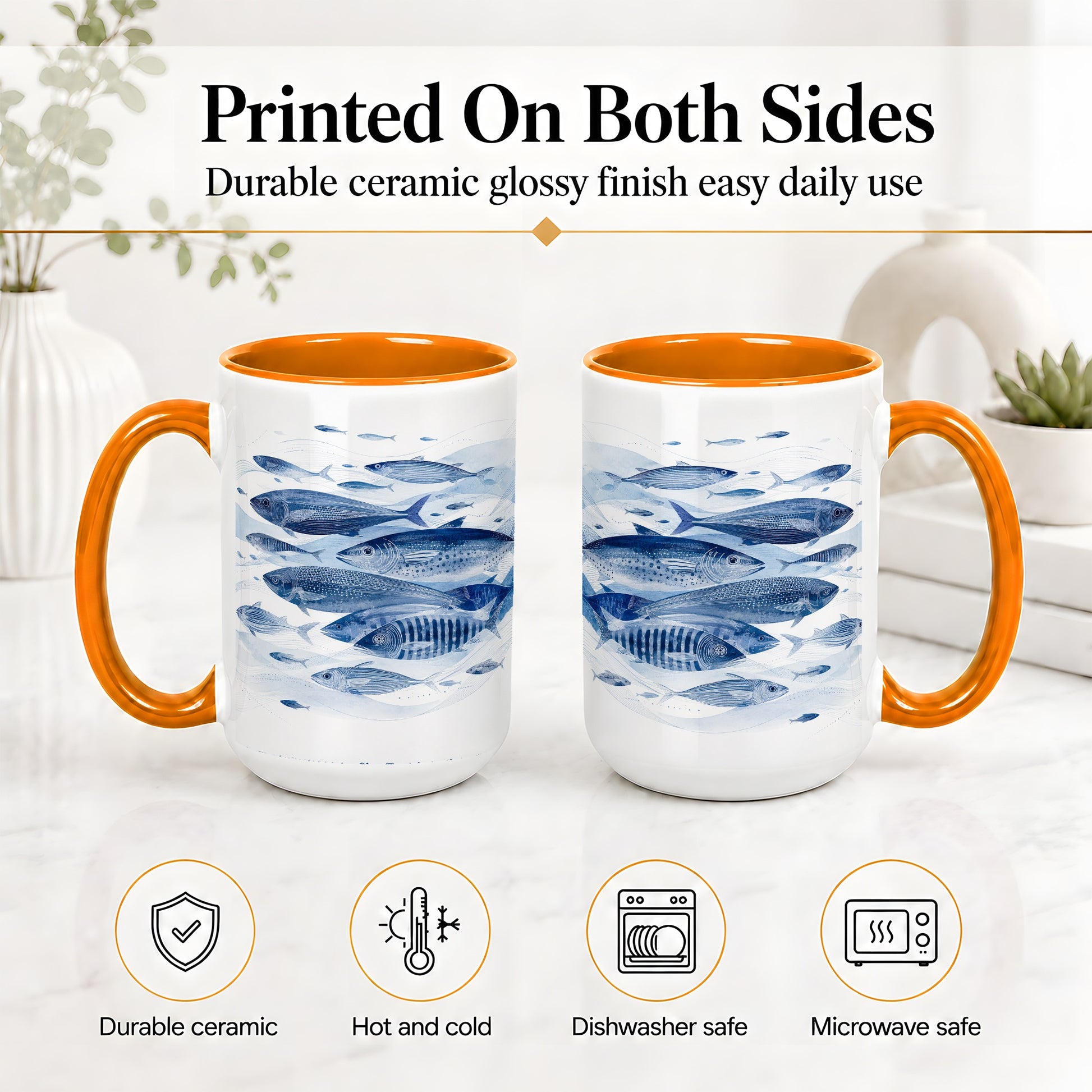 #pl[15oz|Orange] Blue Fish Ceramic Mug, Minimal Watercolor Ocean Art for Fish Fans