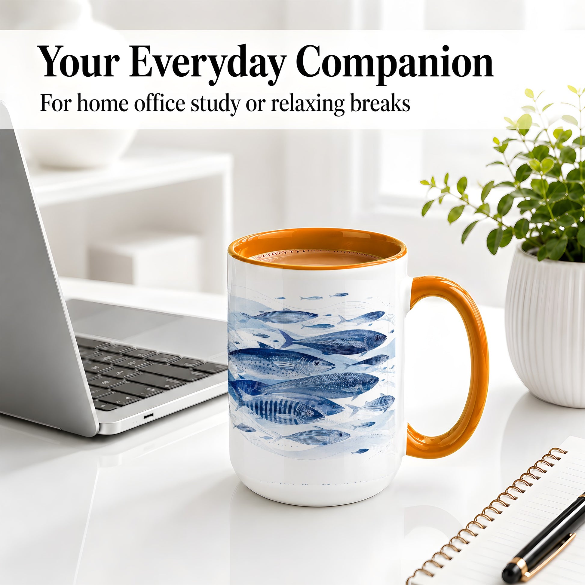 #pl[15oz|Orange] Blue Fish Ceramic Mug, Minimal Watercolor Ocean Art for Fish Fans