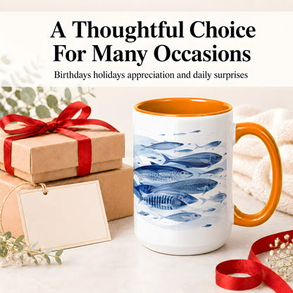#pl[15oz|Orange] Blue Fish Ceramic Mug, Minimal Watercolor Ocean Art for Fish Fans