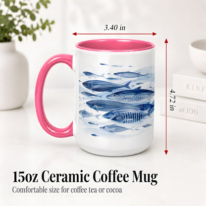 #pl[15oz|Pink] Blue Fish Ceramic Mug, Minimal Watercolor Ocean Art for Fish Fans