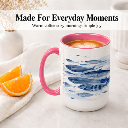 #pl[15oz|Pink] Blue Fish Ceramic Mug, Minimal Watercolor Ocean Art for Fish Fans