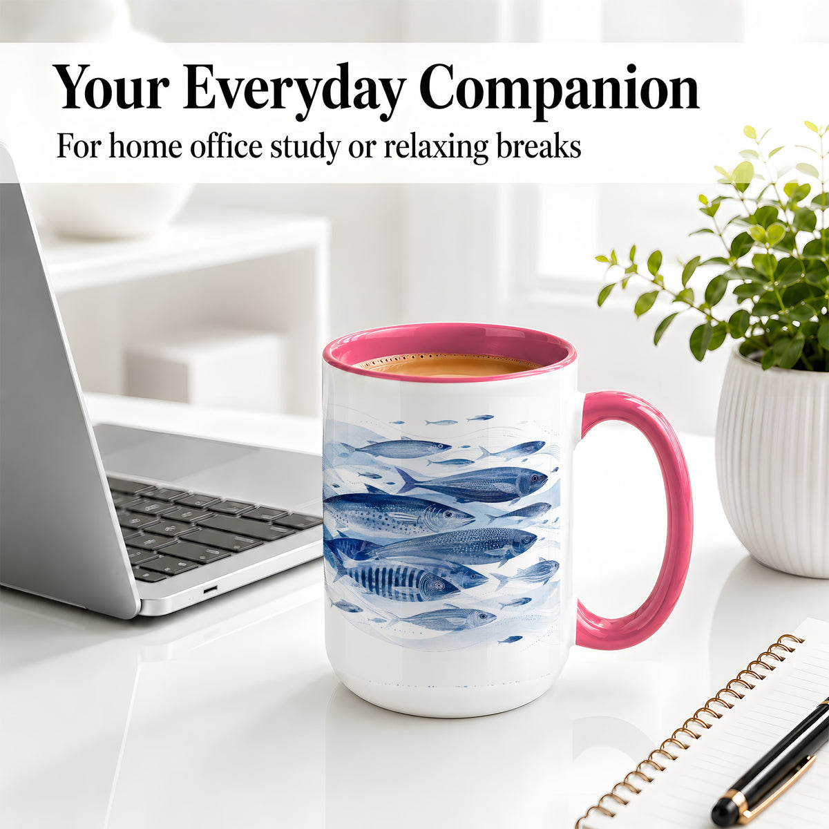 #pl[15oz|Pink] Blue Fish Ceramic Mug, Minimal Watercolor Ocean Art for Fish Fans