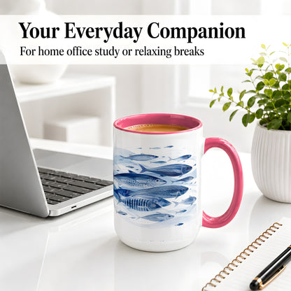 #pl[15oz|Pink] Blue Fish Ceramic Mug, Minimal Watercolor Ocean Art for Fish Fans