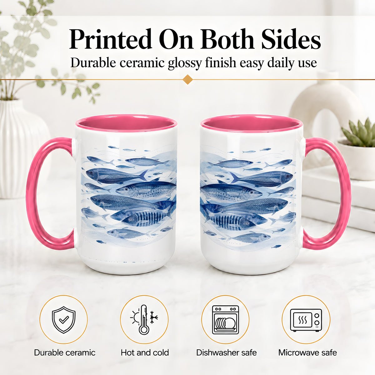 #pl[15oz|Pink] Blue Fish Ceramic Mug, Minimal Watercolor Ocean Art for Fish Fans