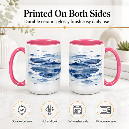 #pl[15oz|Pink] Blue Fish Ceramic Mug, Minimal Watercolor Ocean Art for Fish Fans