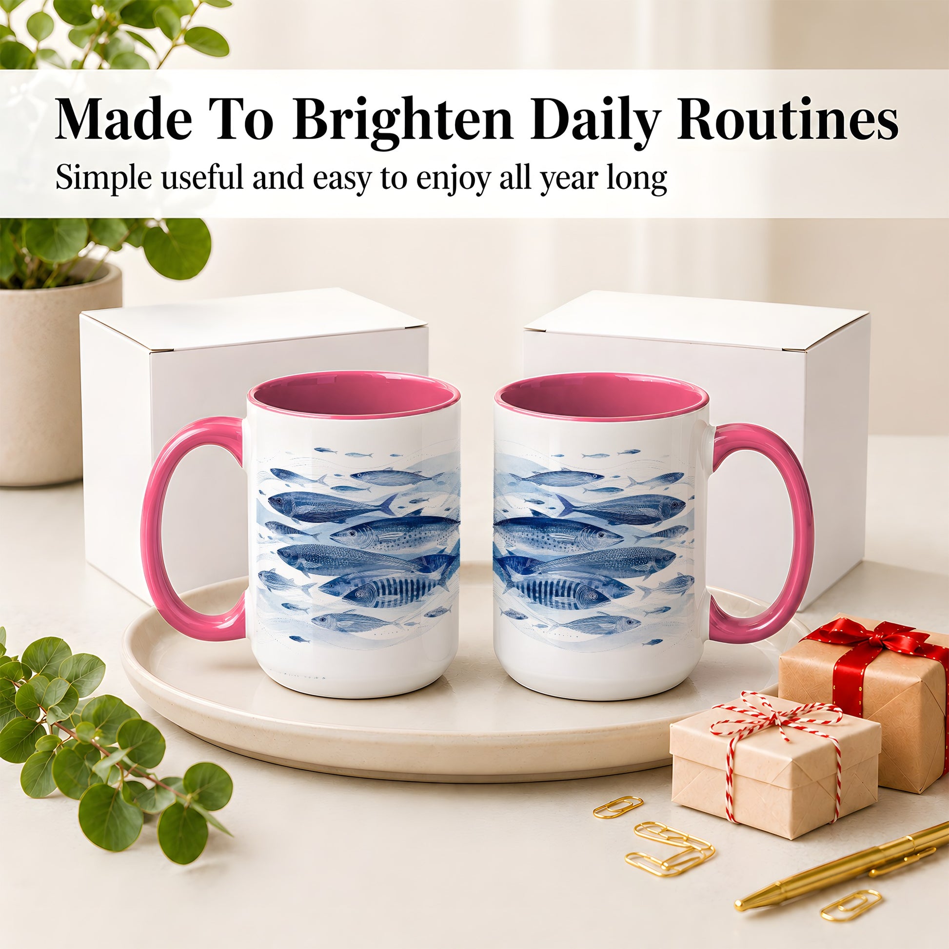 #pl[15oz|Pink] Blue Fish Ceramic Mug, Minimal Watercolor Ocean Art for Fish Fans