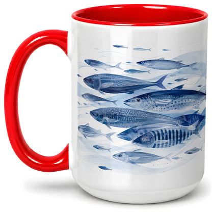 #pl[15oz|Red] Blue Fish Ceramic Mug, Minimal Watercolor Ocean Art for Fish Fans