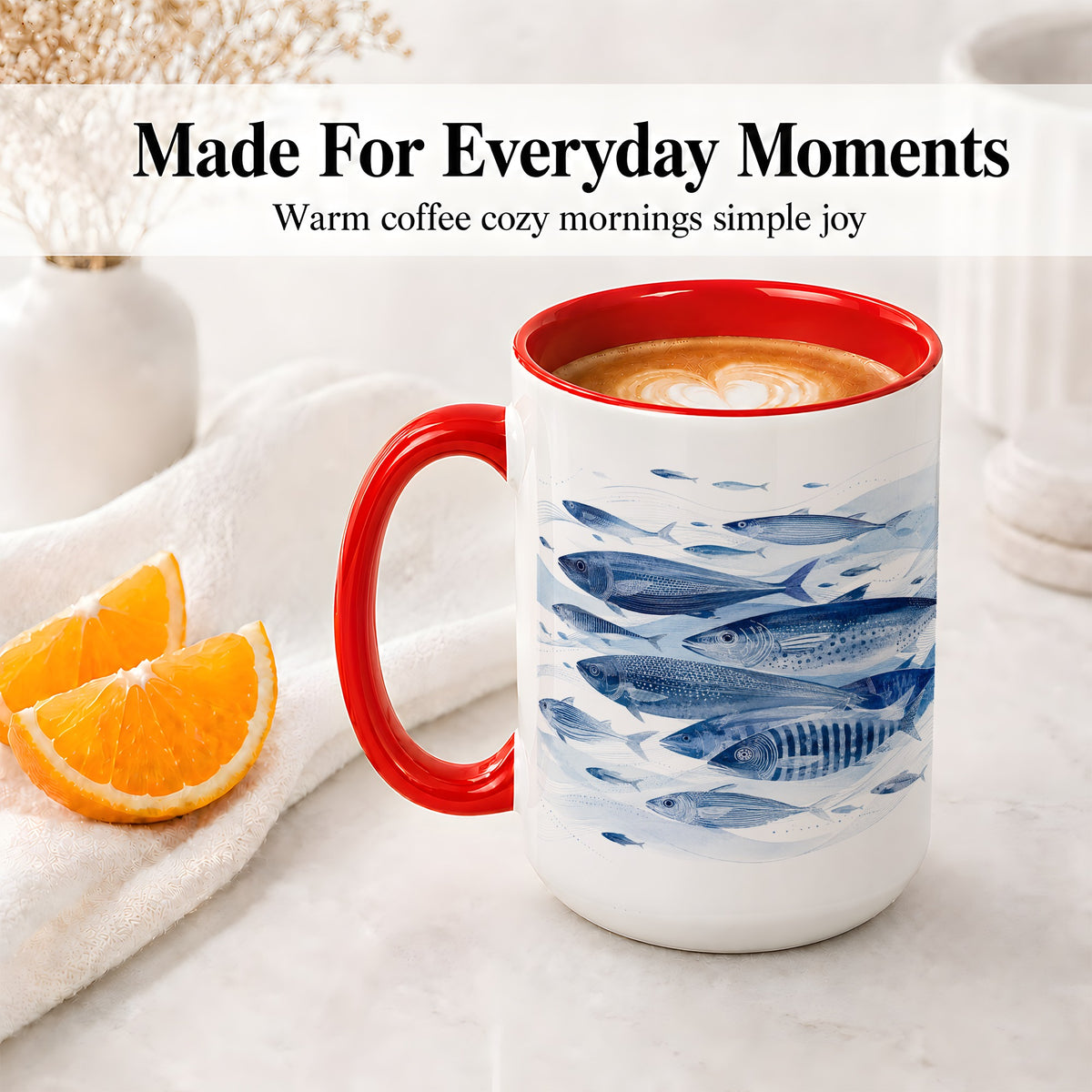 #pl[15oz|Red] Blue Fish Ceramic Mug, Minimal Watercolor Ocean Art for Fish Fans