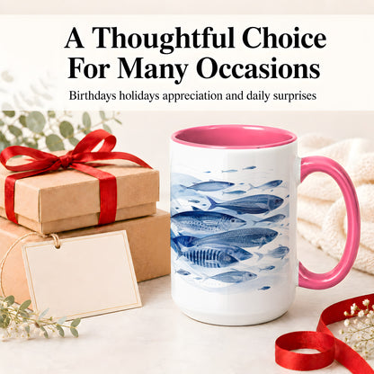 #pl[15oz|Pink] Blue Fish Ceramic Mug, Minimal Watercolor Ocean Art for Fish Fans
