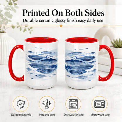 #pl[15oz|Red] Blue Fish Ceramic Mug, Minimal Watercolor Ocean Art for Fish Fans
