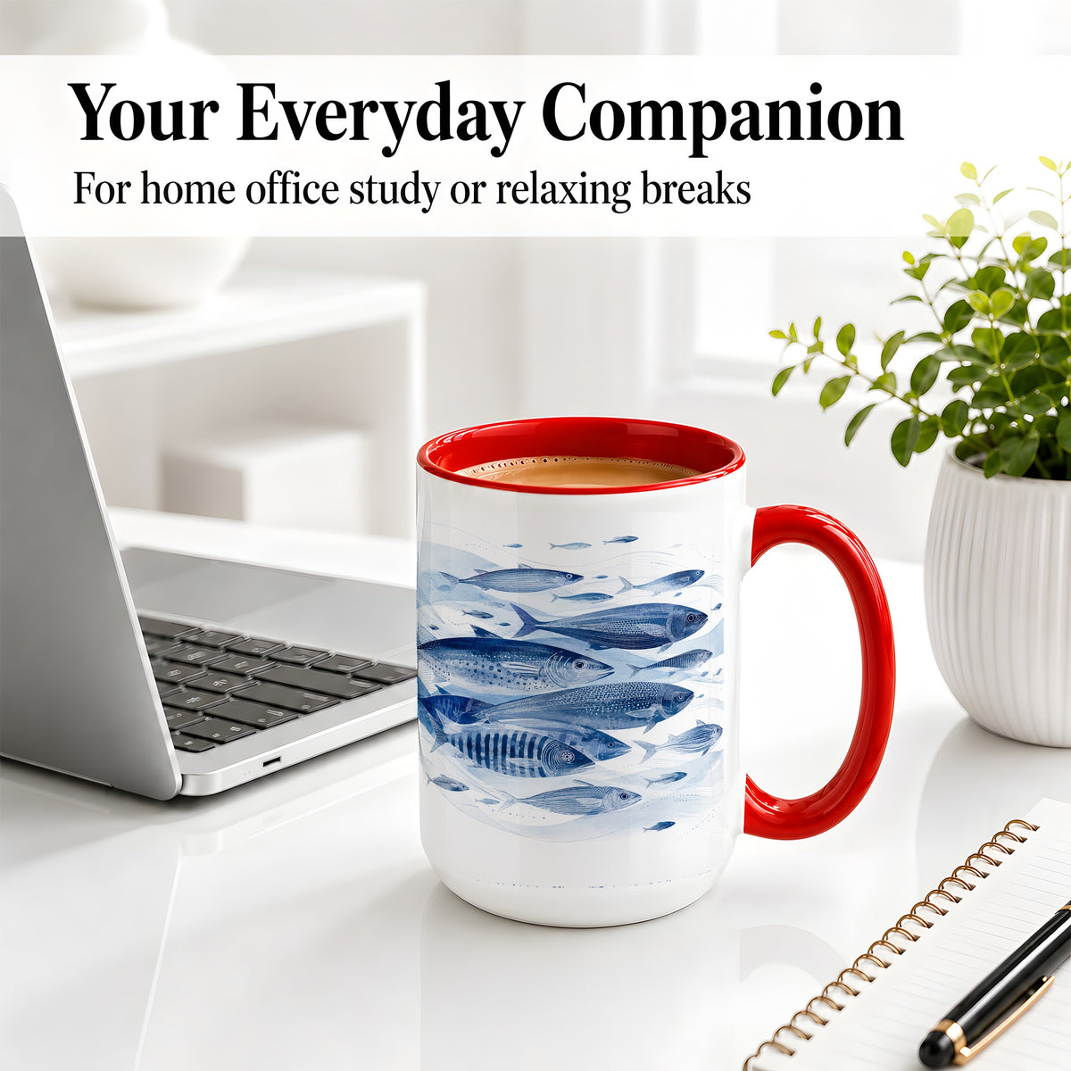 #pl[15oz|Red] Blue Fish Ceramic Mug, Minimal Watercolor Ocean Art for Fish Fans