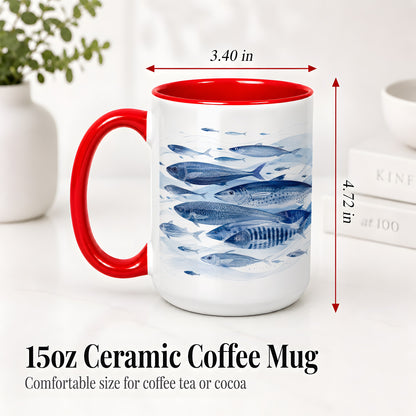 #pl[15oz|Red] Blue Fish Ceramic Mug, Minimal Watercolor Ocean Art for Fish Fans