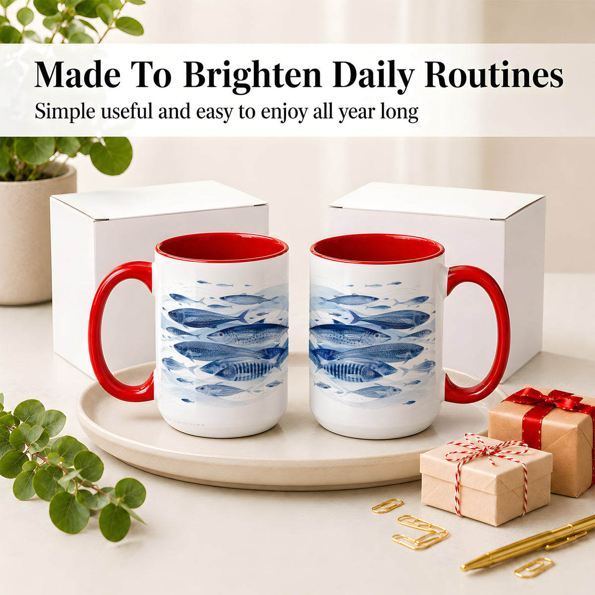 #pl[15oz|Red] Blue Fish Ceramic Mug, Minimal Watercolor Ocean Art for Fish Fans