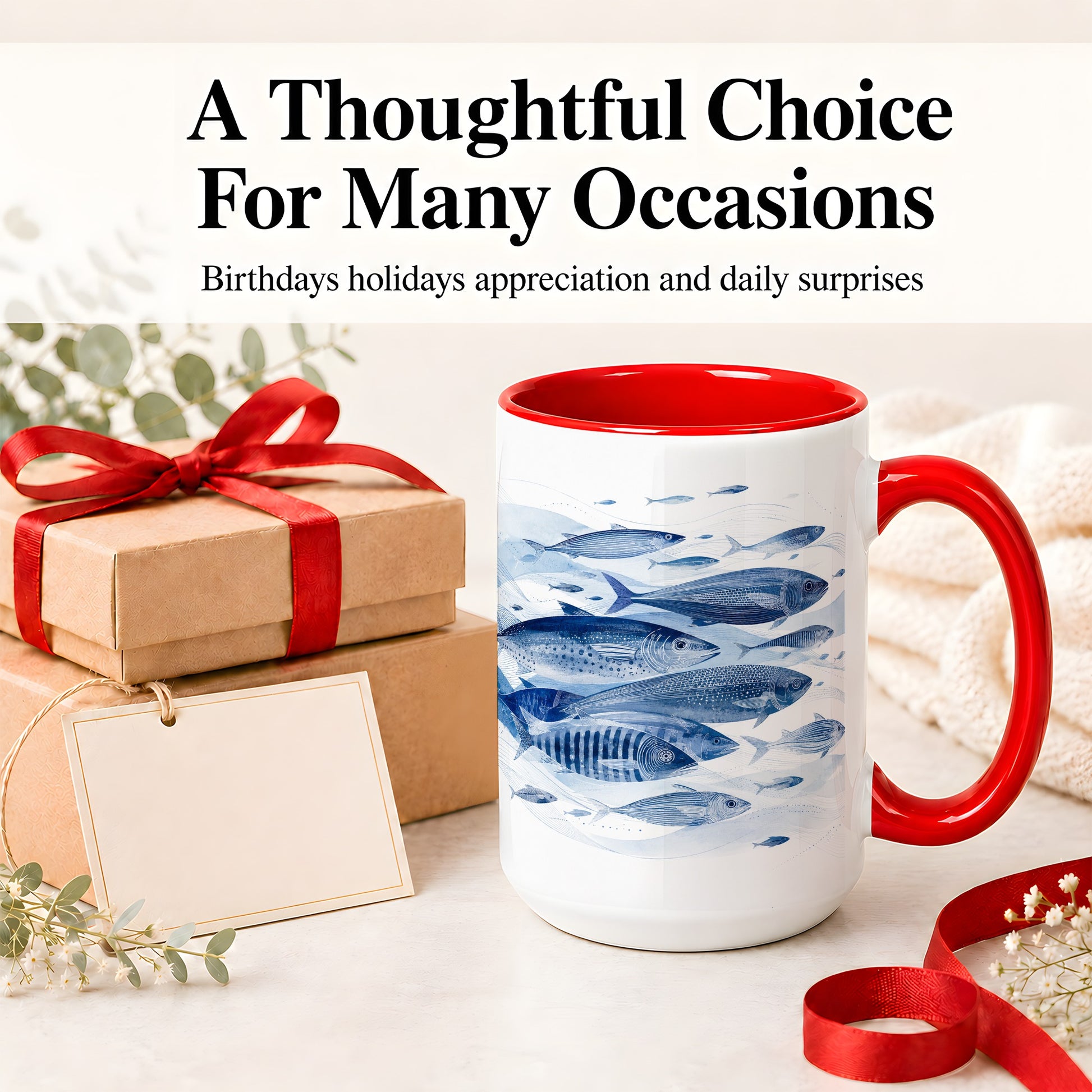 #pl[15oz|Red] Blue Fish Ceramic Mug, Minimal Watercolor Ocean Art for Fish Fans