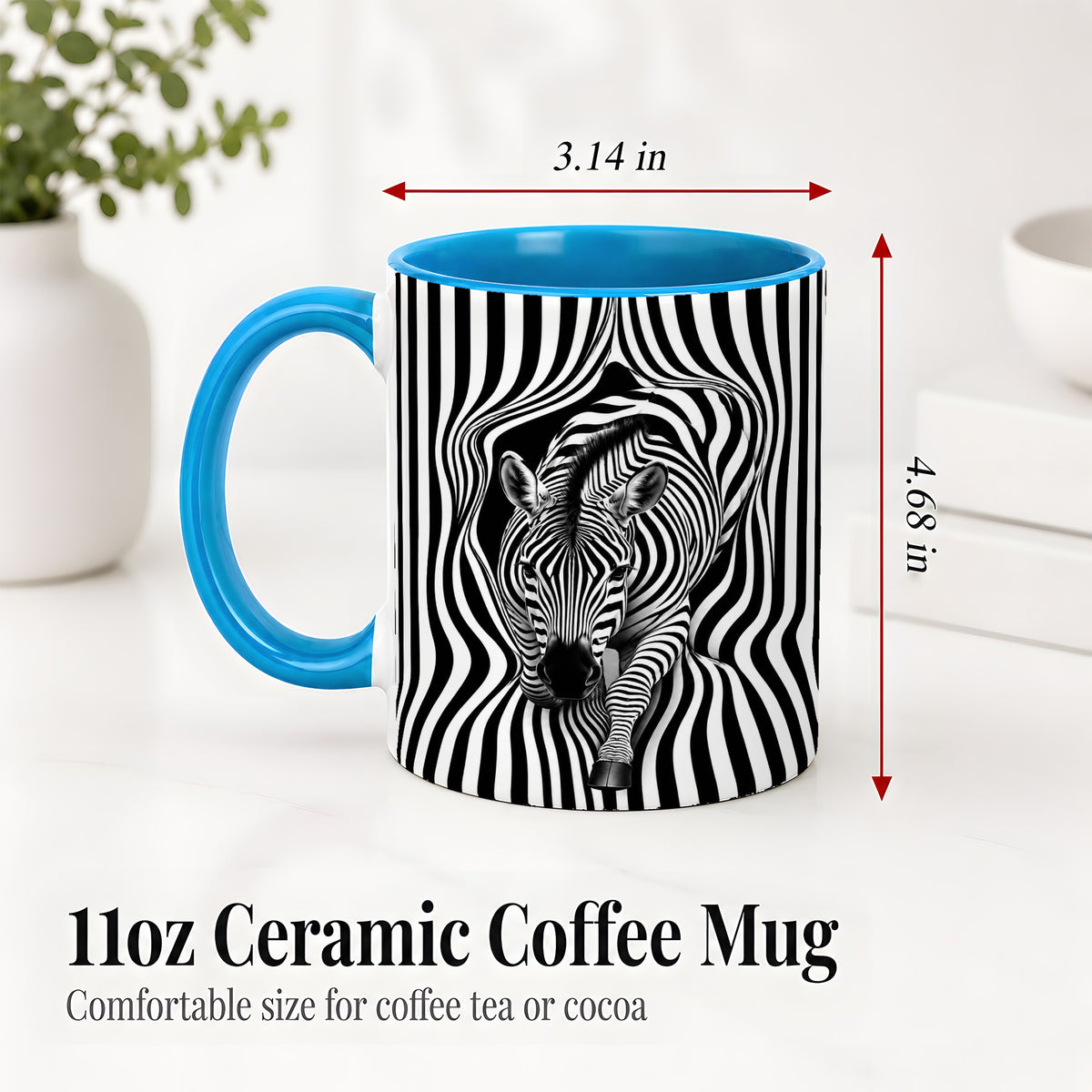 #pl[11oz|Blue] Optical Zebra Ceramic Mug, Black White Animal Art for Zebra Fans
