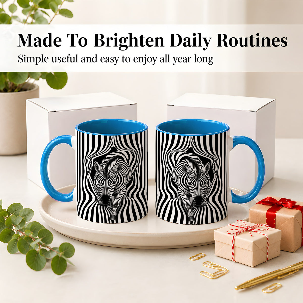 #pl[11oz|Blue] Optical Zebra Ceramic Mug, Black White Animal Art for Zebra Fans