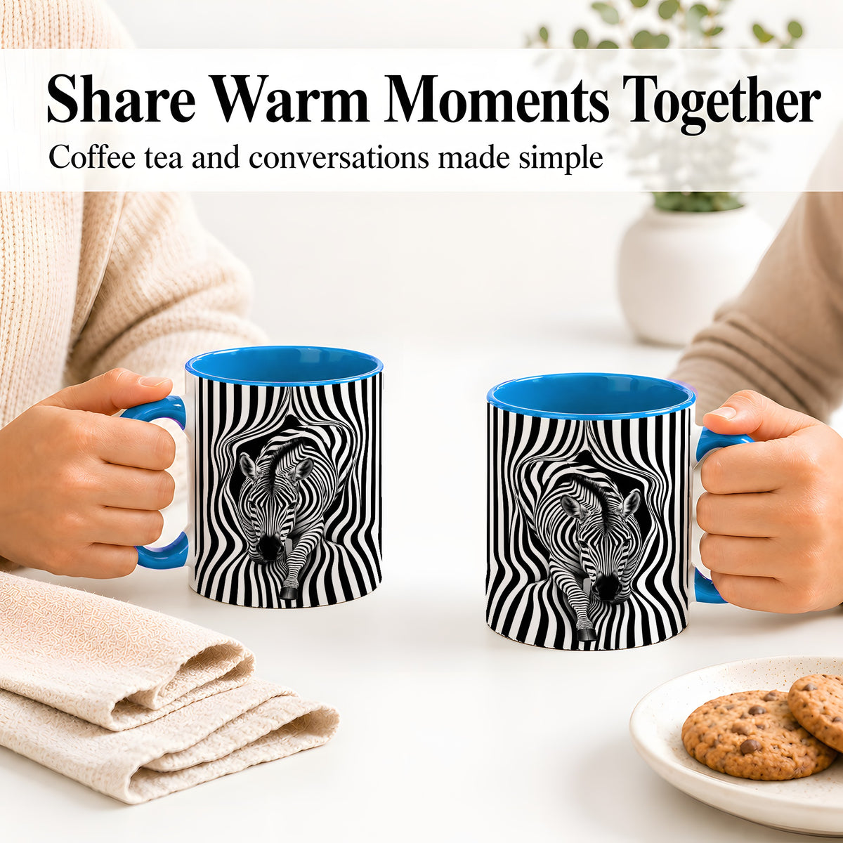 #pl[11oz|Blue] Optical Zebra Ceramic Mug, Black White Animal Art for Zebra Fans