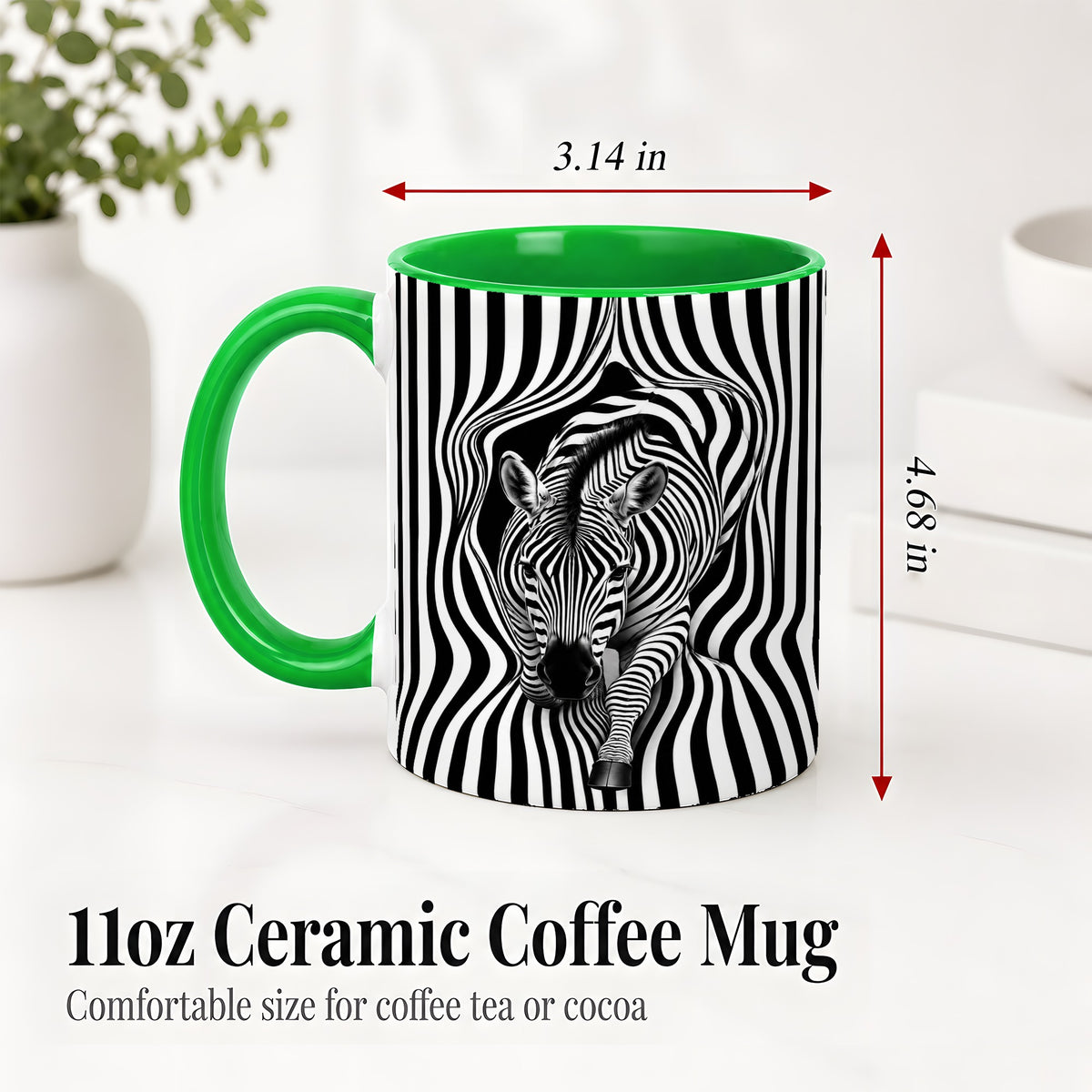 #pl[11oz|Green] Optical Zebra Ceramic Mug, Black White Animal Art for Zebra Fans