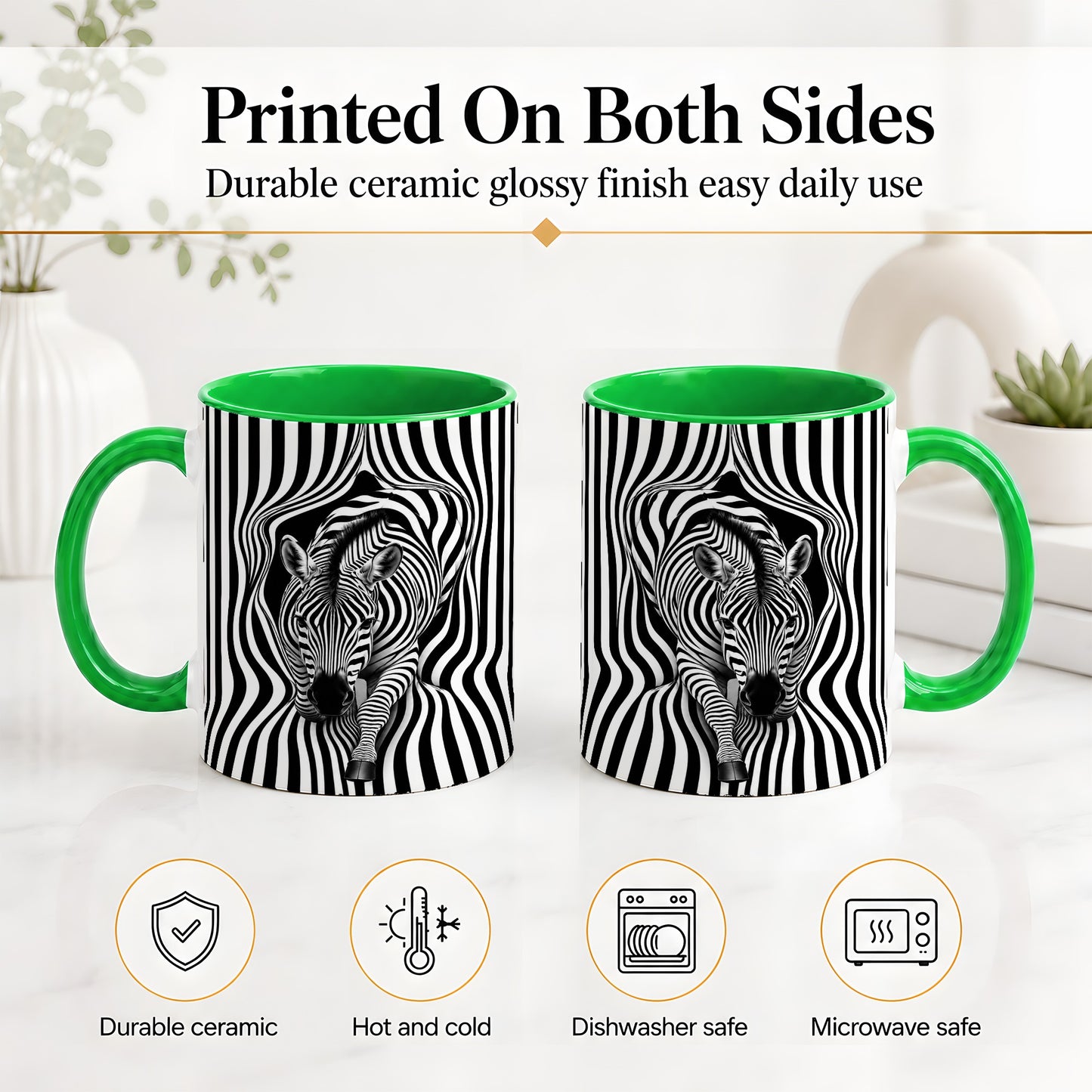 #pl[11oz|Green] Optical Zebra Ceramic Mug, Black White Animal Art for Zebra Fans