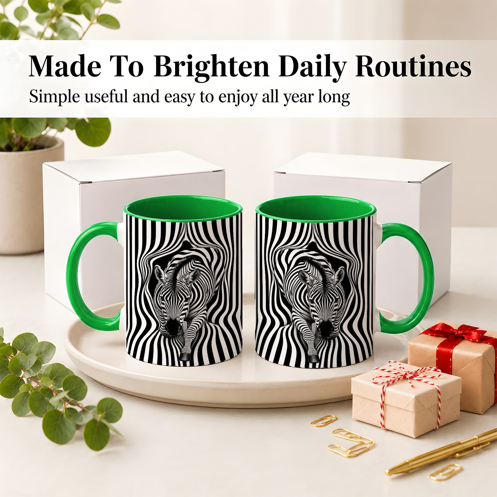 #pl[11oz|Green] Optical Zebra Ceramic Mug, Black White Animal Art for Zebra Fans