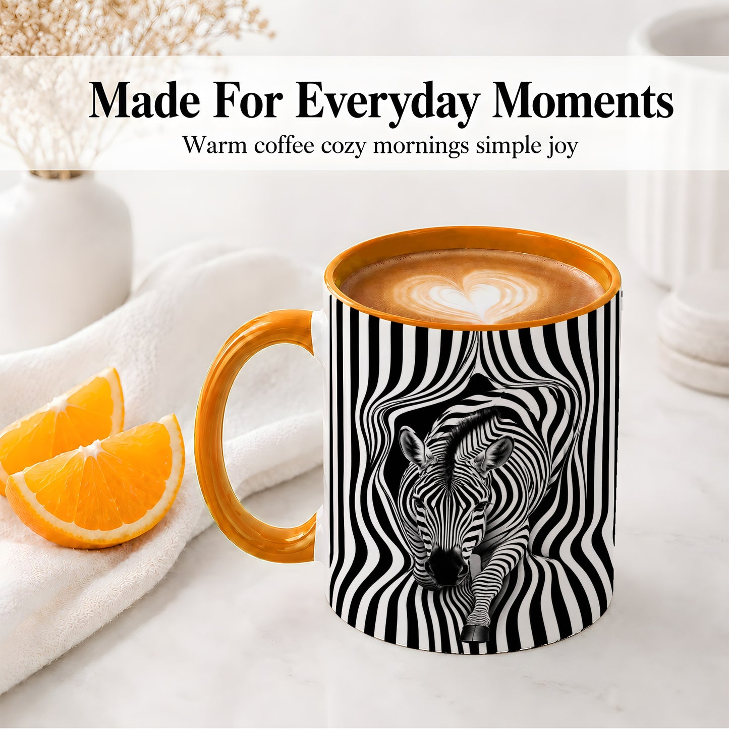 #pl[11oz|Orange] Optical Zebra Ceramic Mug, Black White Animal Art for Zebra Fans