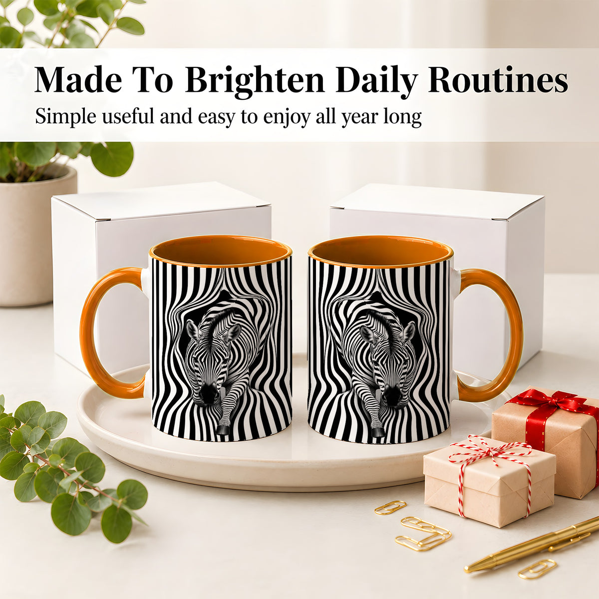 #pl[11oz|Orange] Optical Zebra Ceramic Mug, Black White Animal Art for Zebra Fans