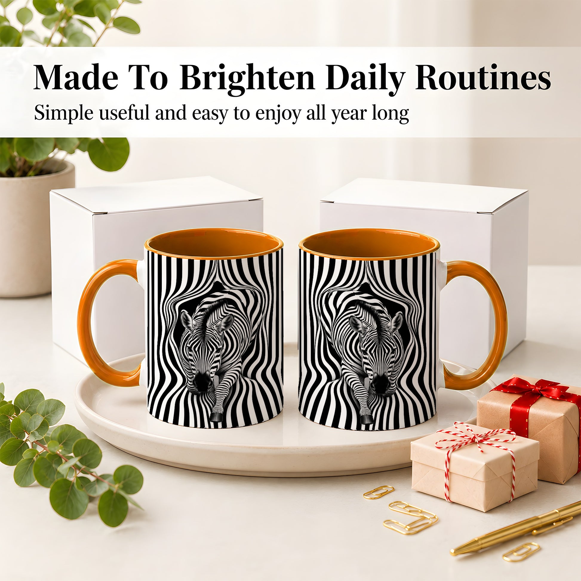 #pl[11oz|Orange] Optical Zebra Ceramic Mug, Black White Animal Art for Zebra Fans