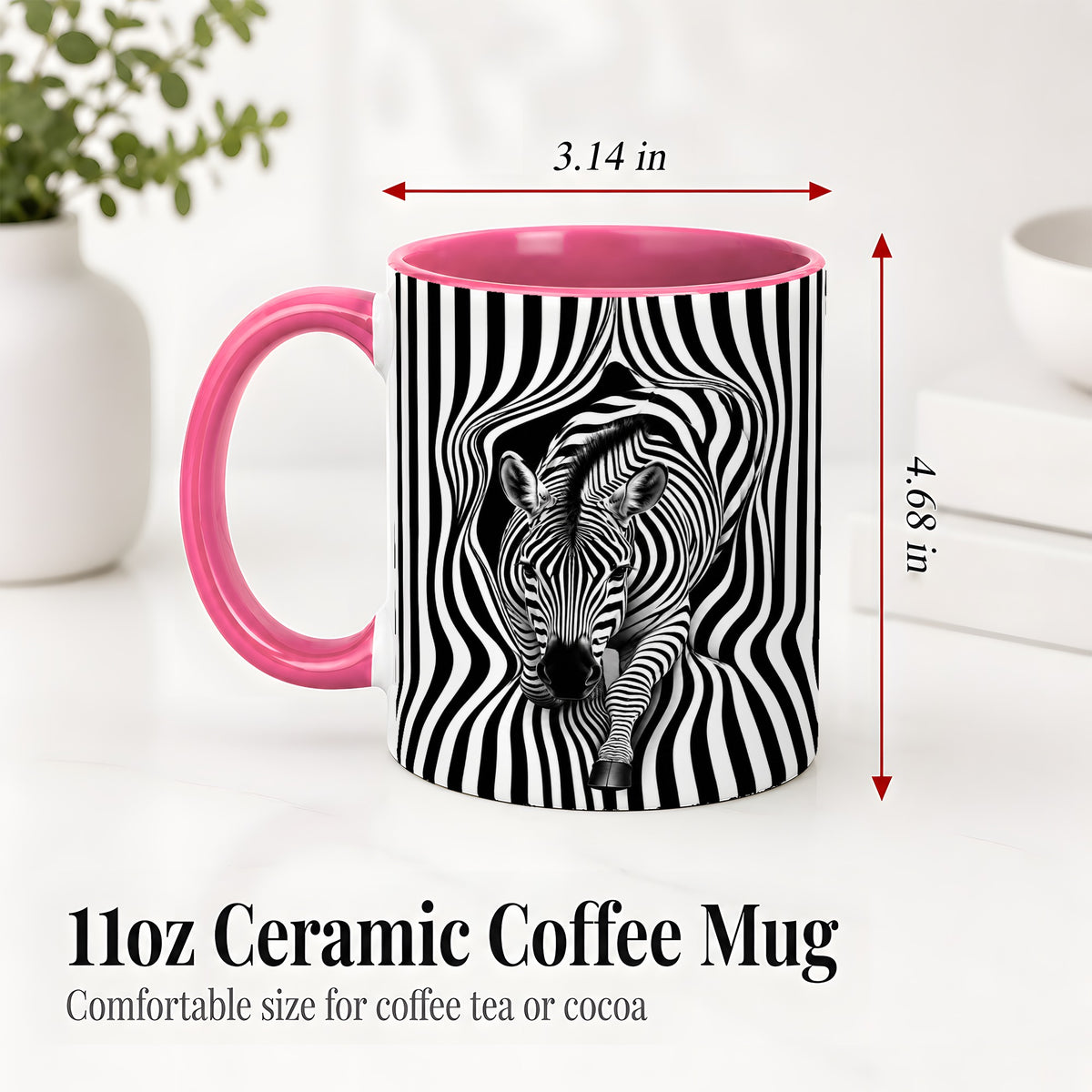 #pl[11oz|Pink] Optical Zebra Ceramic Mug, Black White Animal Art for Zebra Fans