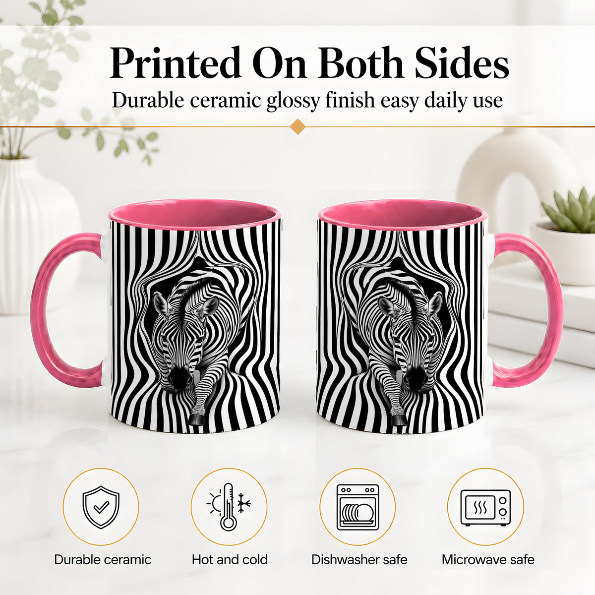 #pl[11oz|Pink] Optical Zebra Ceramic Mug, Black White Animal Art for Zebra Fans