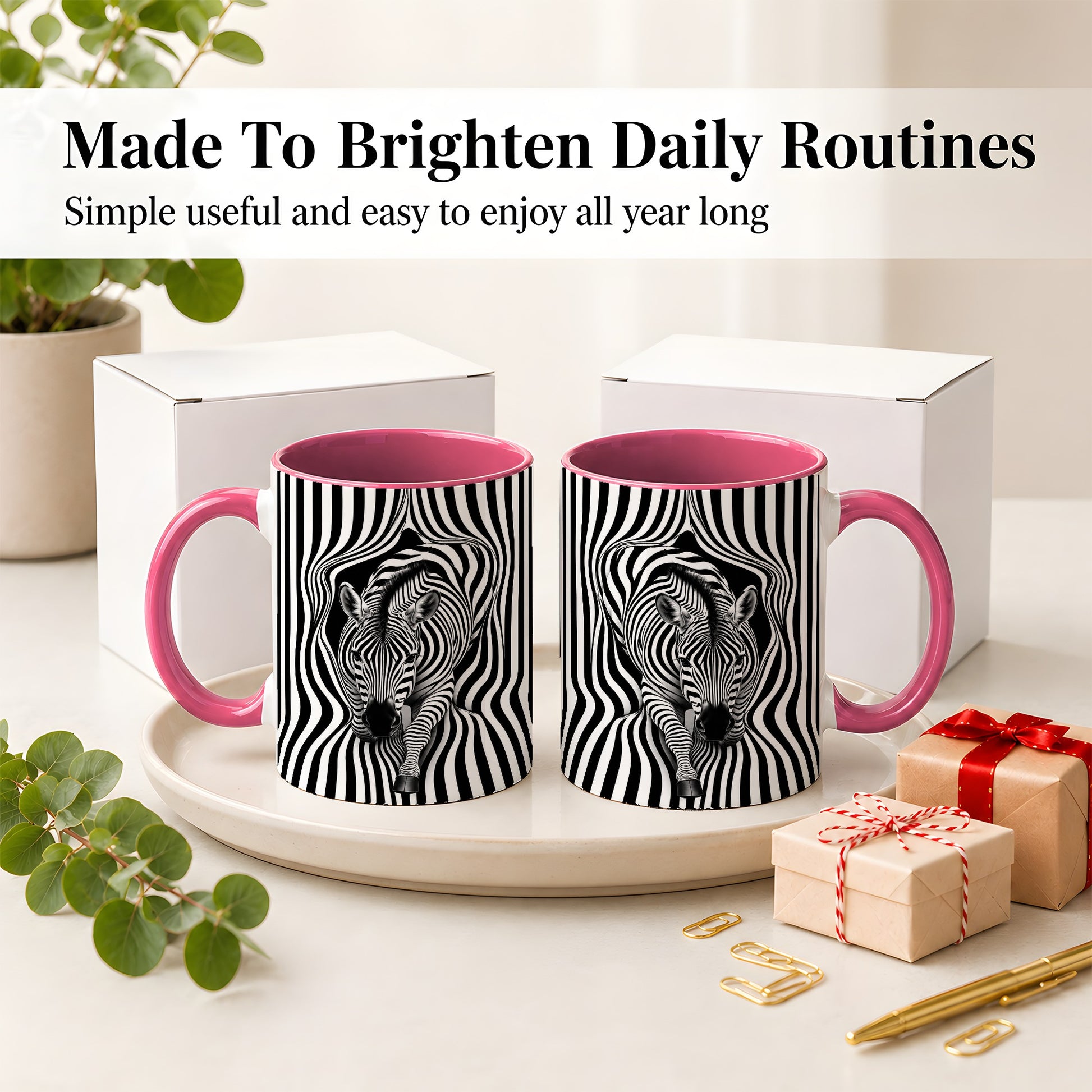 #pl[11oz|Pink] Optical Zebra Ceramic Mug, Black White Animal Art for Zebra Fans