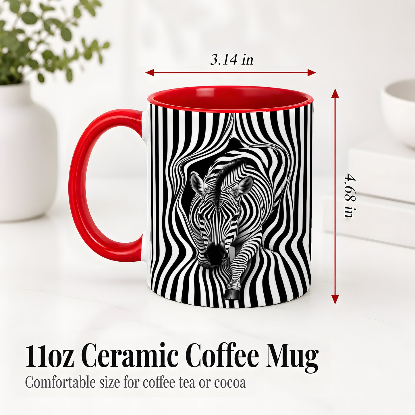 #pl[11oz|Red] Optical Zebra Ceramic Mug, Black White Animal Art for Zebra Fans