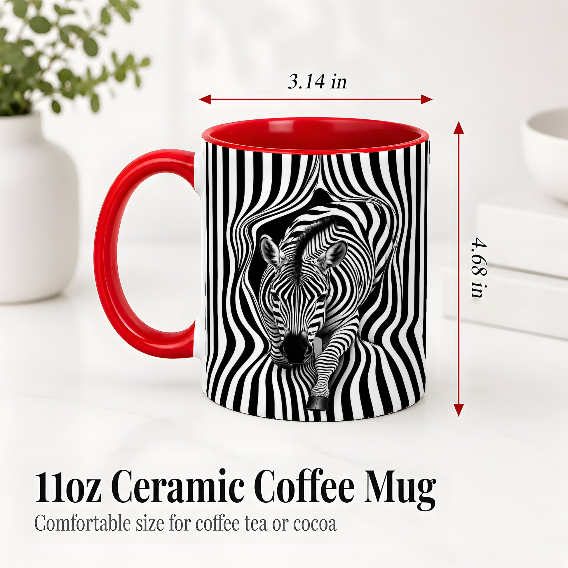 #pl[11oz|Red] Optical Zebra Ceramic Mug, Black White Animal Art for Zebra Fans