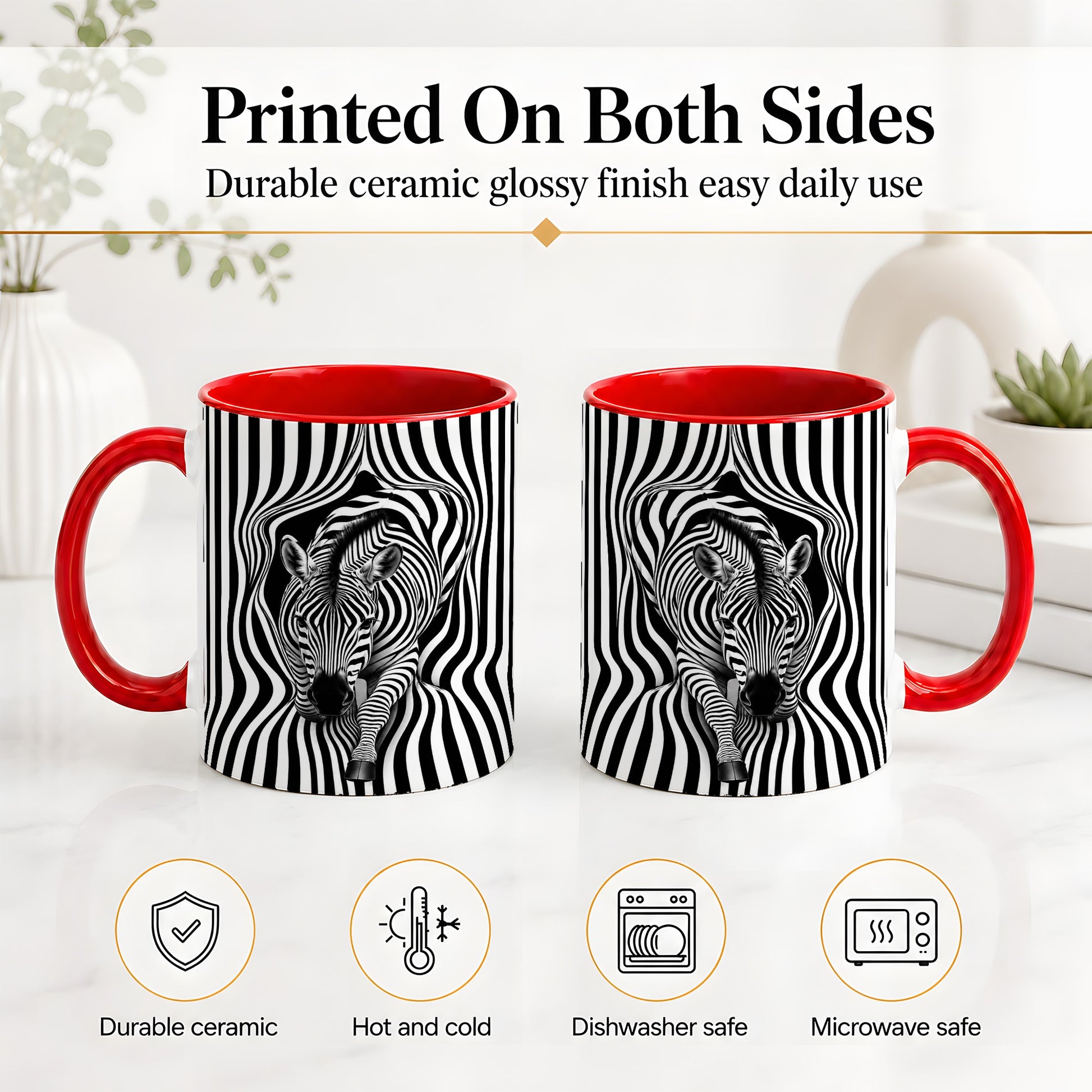 #pl[11oz|Red] Optical Zebra Ceramic Mug, Black White Animal Art for Zebra Fans