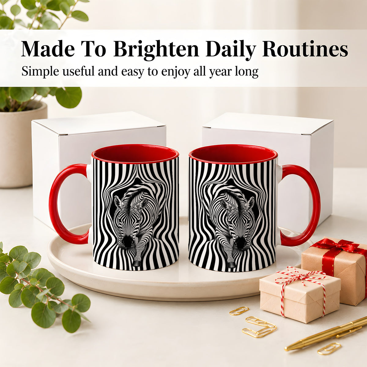 #pl[11oz|Red] Optical Zebra Ceramic Mug, Black White Animal Art for Zebra Fans
