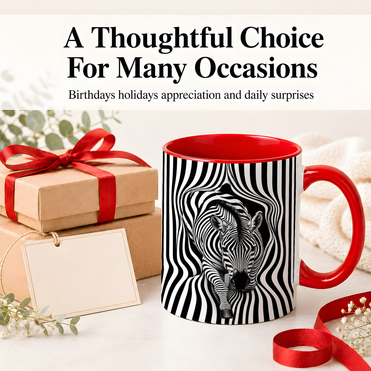#pl[11oz|Red] Optical Zebra Ceramic Mug, Black White Animal Art for Zebra Fans