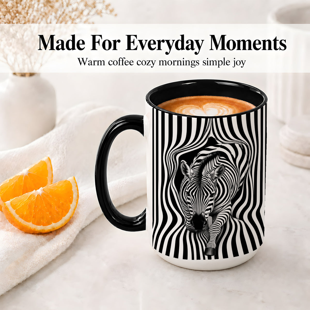#pl[15oz|Black] Optical Zebra Ceramic Mug, Black White Animal Art for Zebra Fans