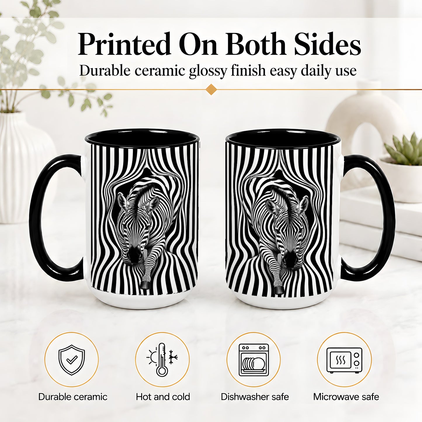 #pl[15oz|Black] Optical Zebra Ceramic Mug, Black White Animal Art for Zebra Fans