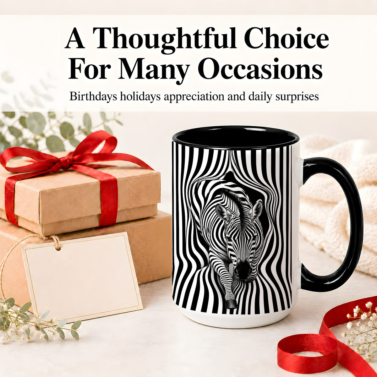 #pl[15oz|Black] Optical Zebra Ceramic Mug, Black White Animal Art for Zebra Fans