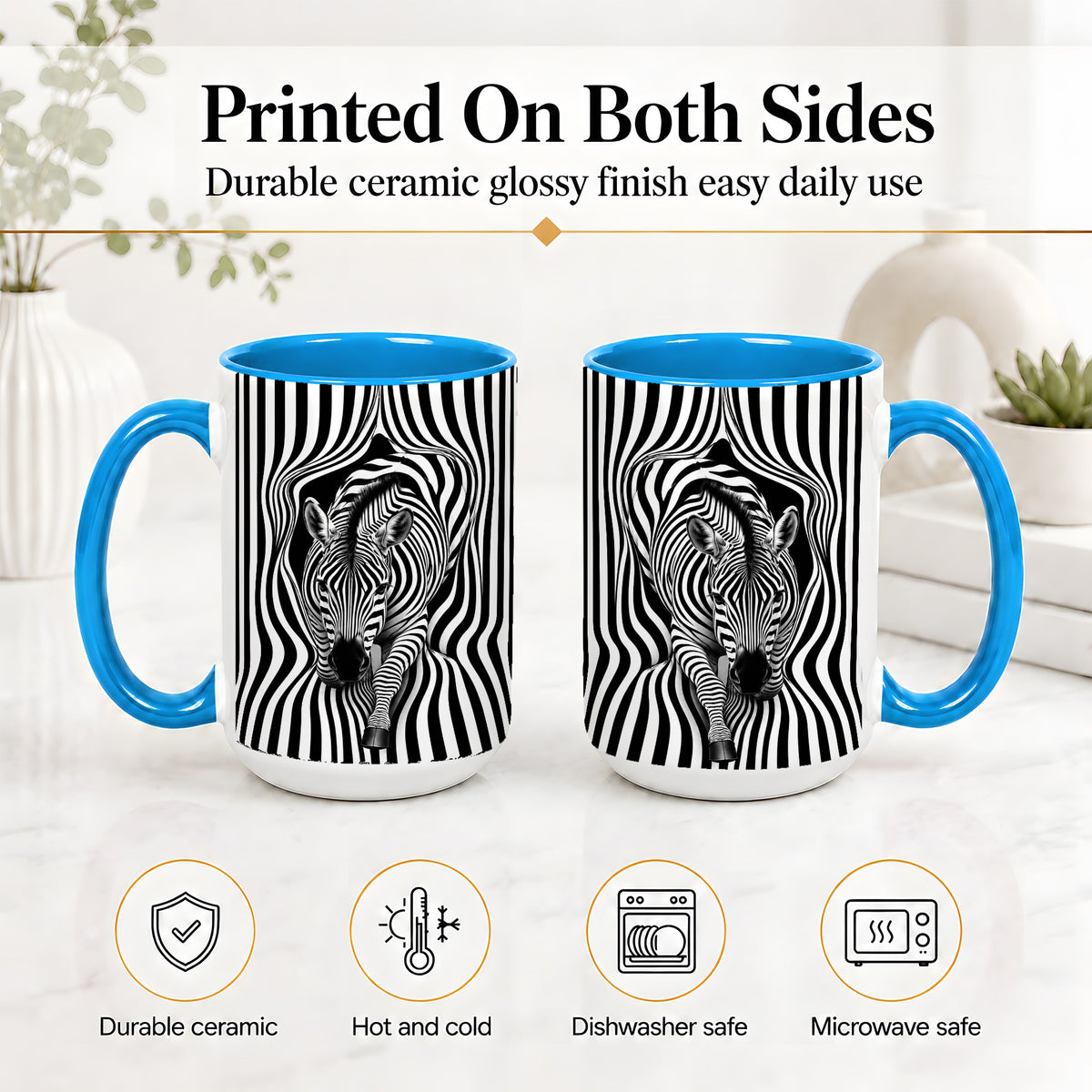 #pl[15oz|Blue] Optical Zebra Ceramic Mug, Black White Animal Art for Zebra Fans