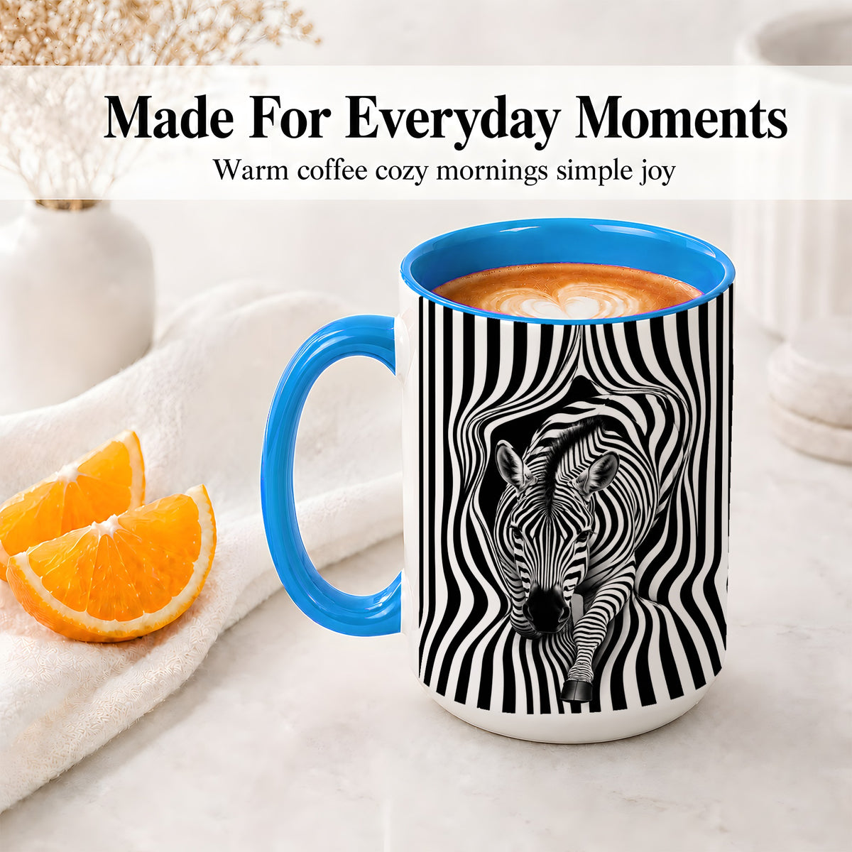 #pl[15oz|Blue] Optical Zebra Ceramic Mug, Black White Animal Art for Zebra Fans