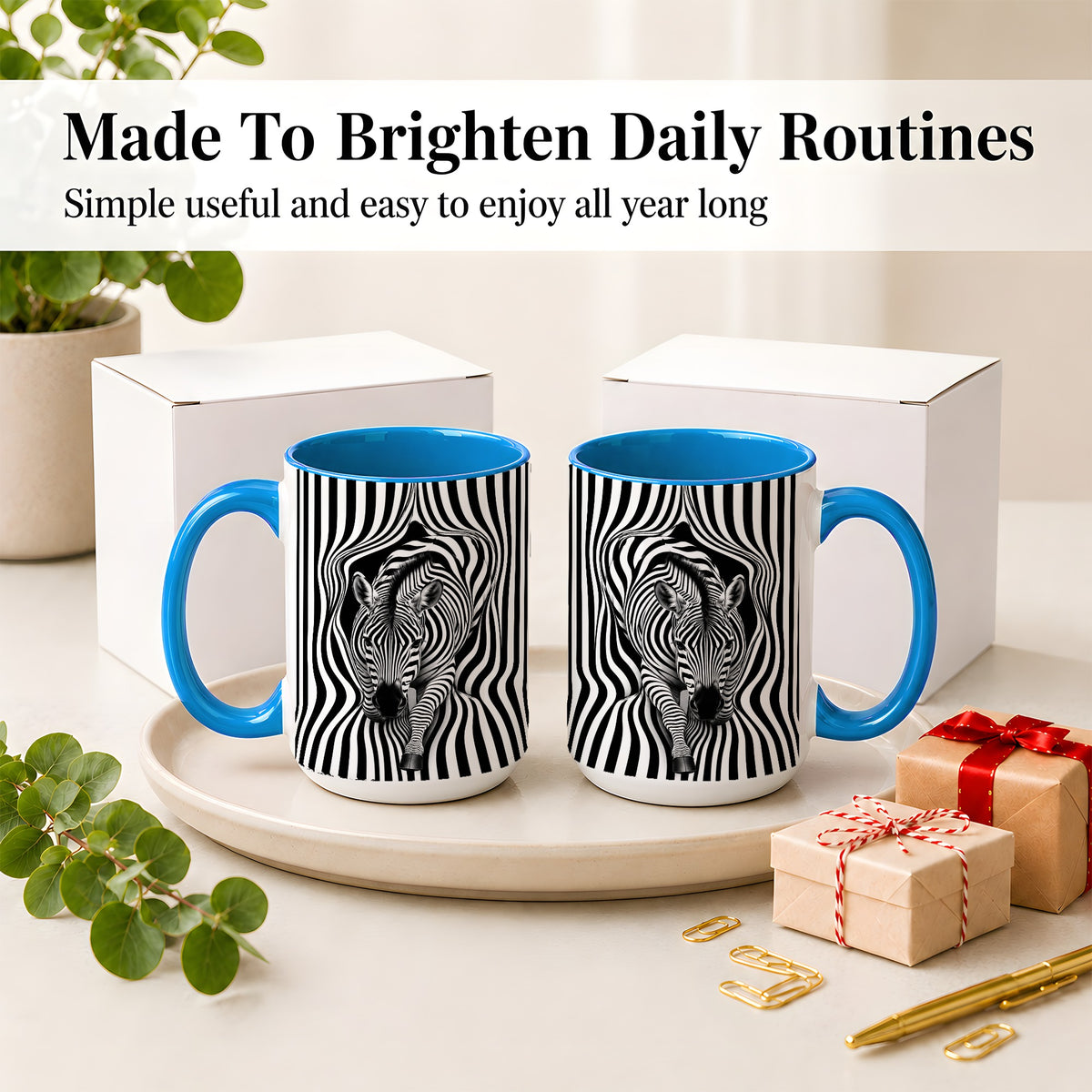 #pl[15oz|Blue] Optical Zebra Ceramic Mug, Black White Animal Art for Zebra Fans