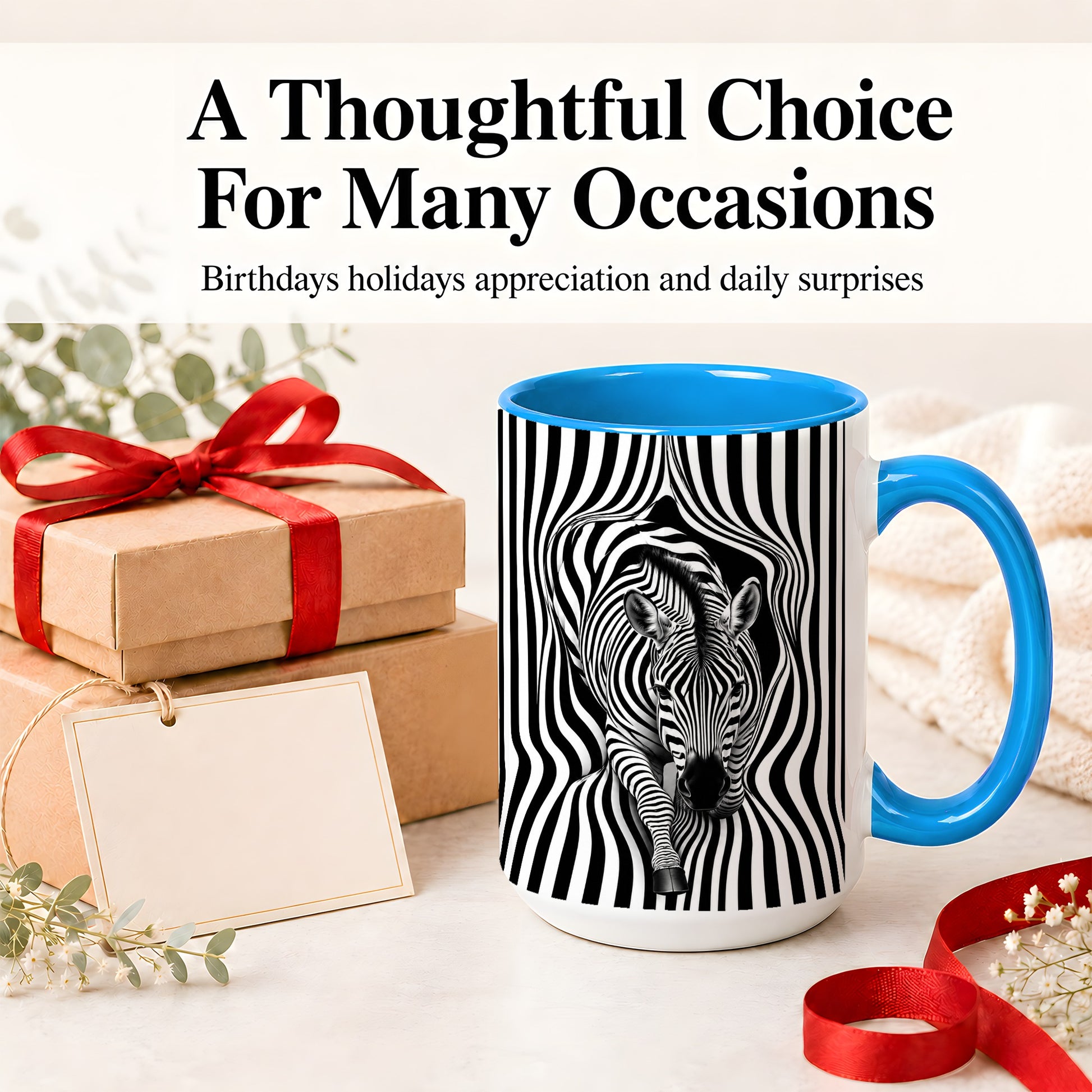 #pl[15oz|Blue] Optical Zebra Ceramic Mug, Black White Animal Art for Zebra Fans