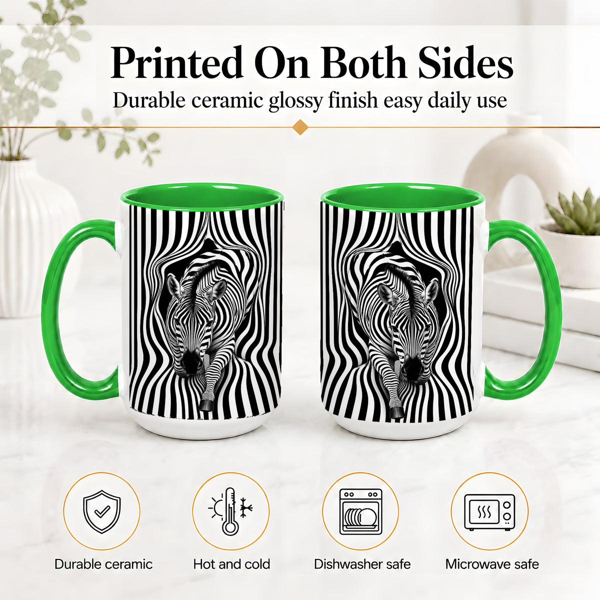 #pl[15oz|Green] Optical Zebra Ceramic Mug, Black White Animal Art for Zebra Fans