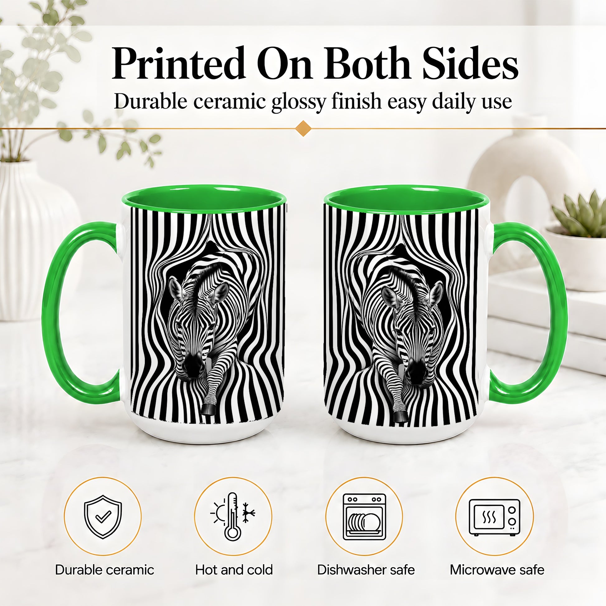 #pl[15oz|Green] Optical Zebra Ceramic Mug, Black White Animal Art for Zebra Fans