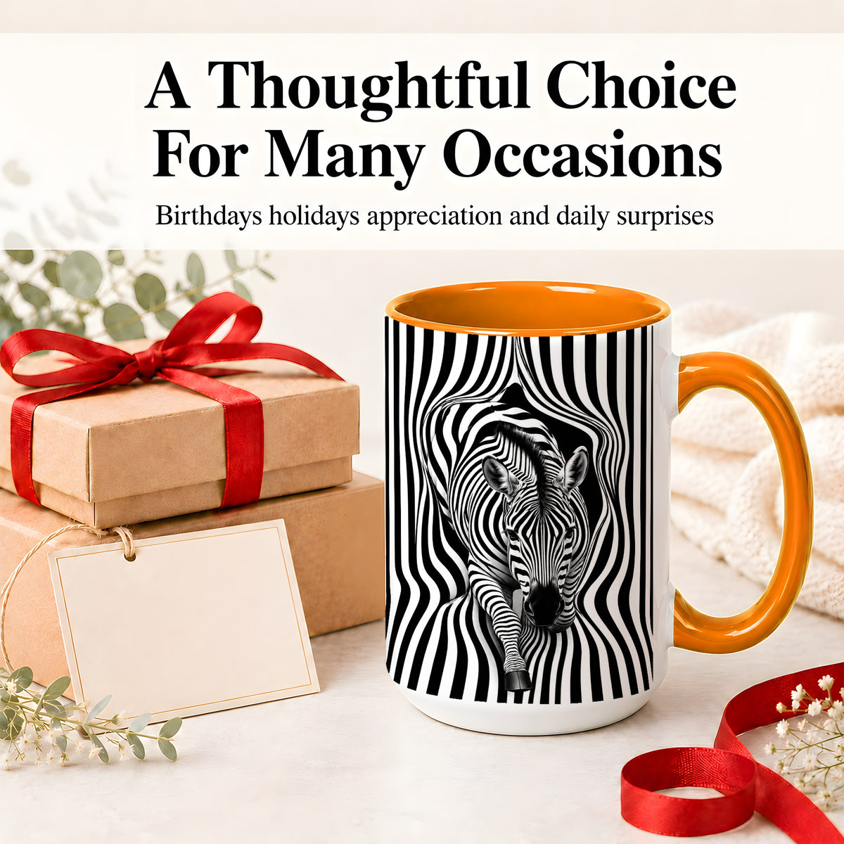 #pl[15oz|Orange] Optical Zebra Ceramic Mug, Black White Animal Art for Zebra Fans