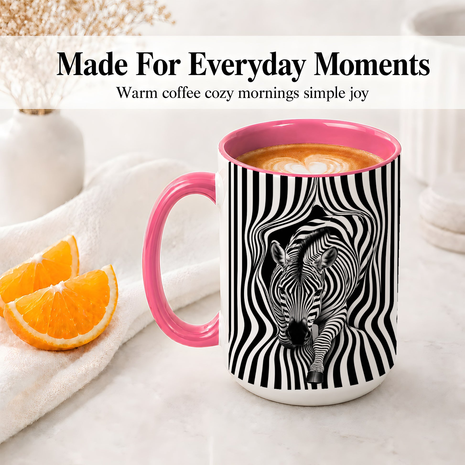 #pl[15oz|Pink] Optical Zebra Ceramic Mug, Black White Animal Art for Zebra Fans