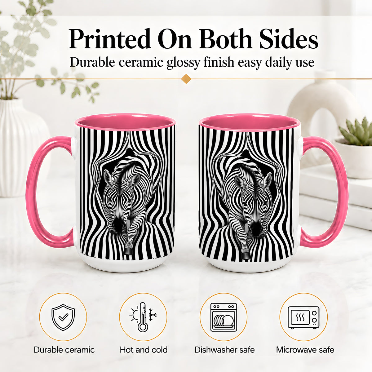 #pl[15oz|Pink] Optical Zebra Ceramic Mug, Black White Animal Art for Zebra Fans