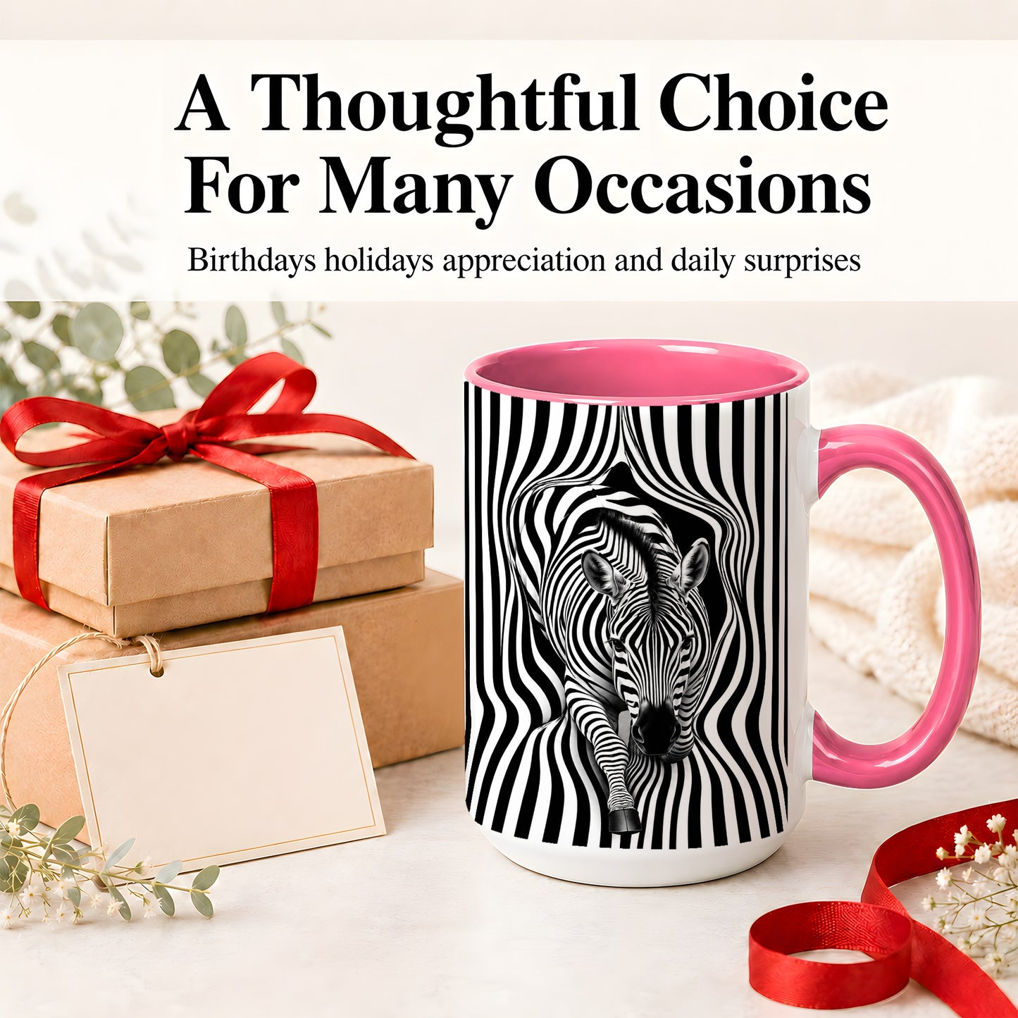 #pl[15oz|Pink] Optical Zebra Ceramic Mug, Black White Animal Art for Zebra Fans