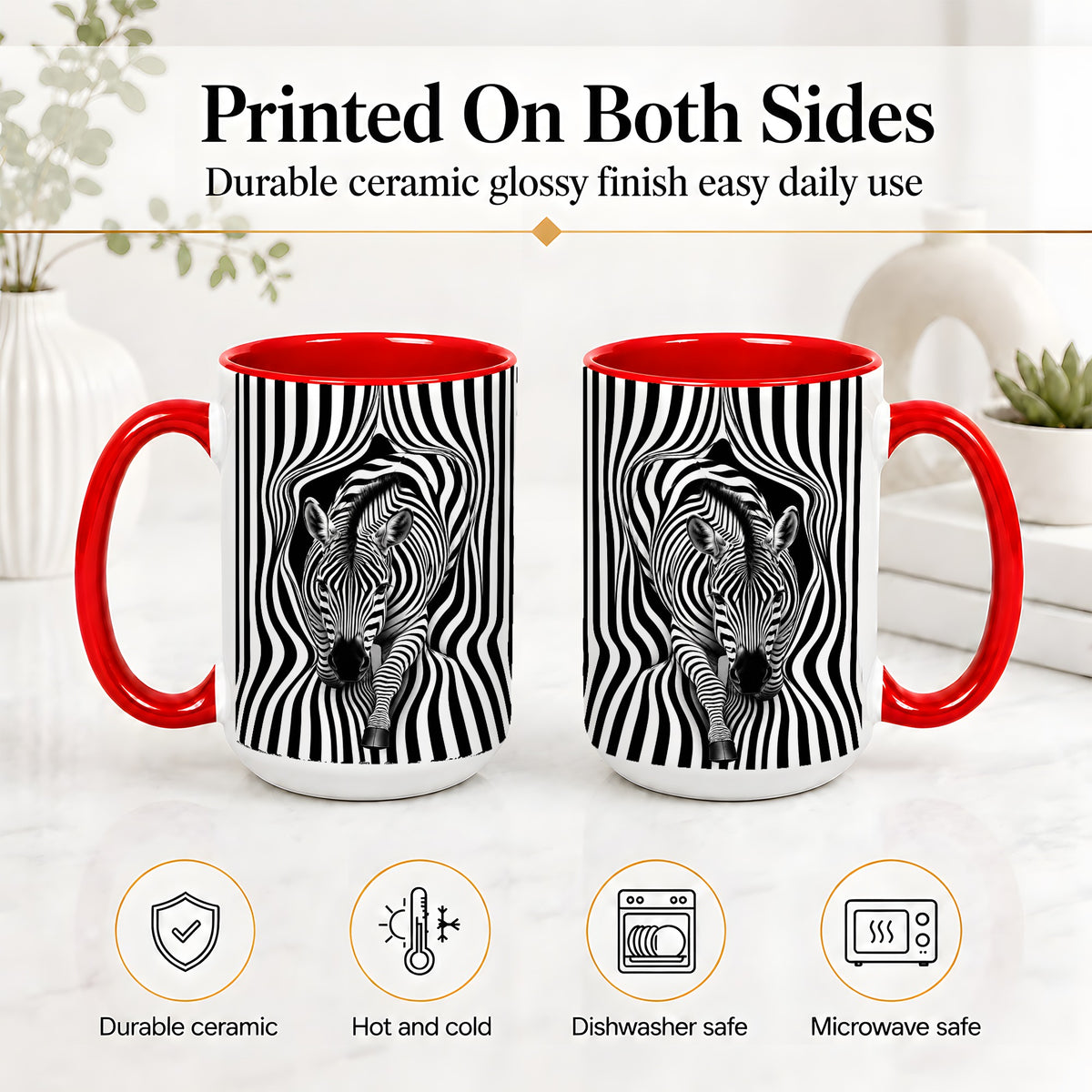 #pl[15oz|Red] Optical Zebra Ceramic Mug, Black White Animal Art for Zebra Fans