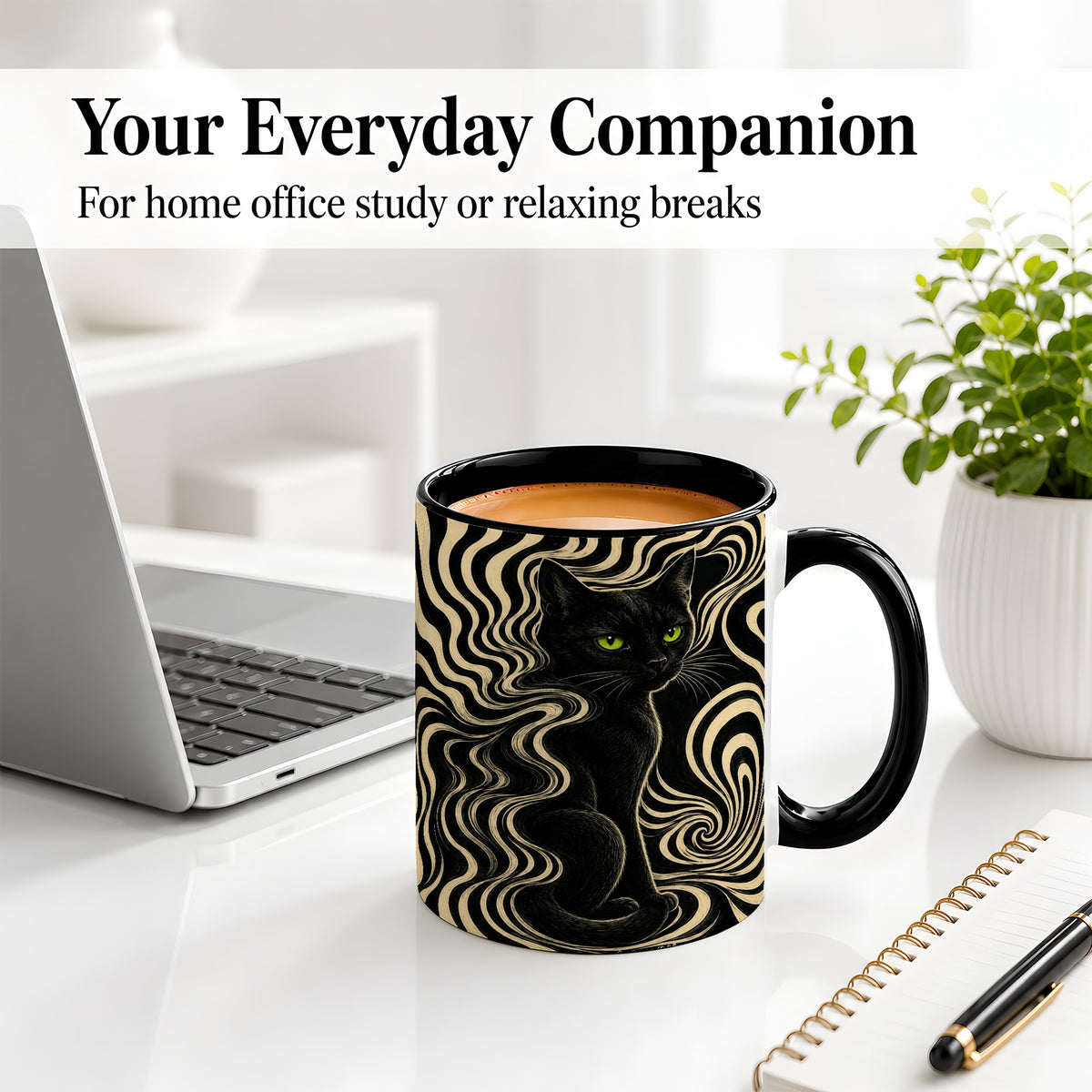 #pl[11oz|Black] Black Cat Swirl Ceramic Mug, Green Eye Optical Art for Cat Lovers